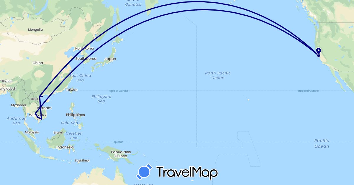 TravelMap itinerary: driving in Cambodia, United States, Vietnam (Asia, North America)